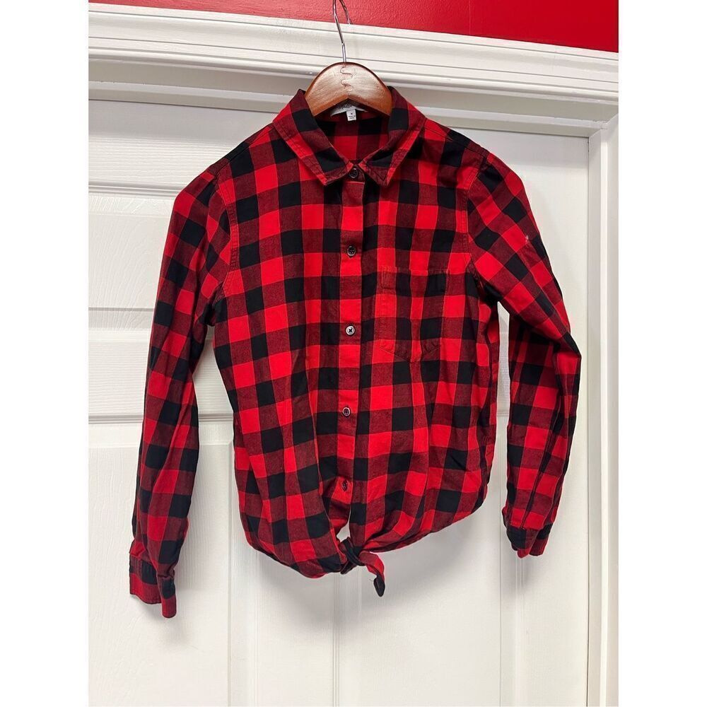 Madewell Red & Black Buffalo Check Plaid Front Tie Button Down Shirt sz M